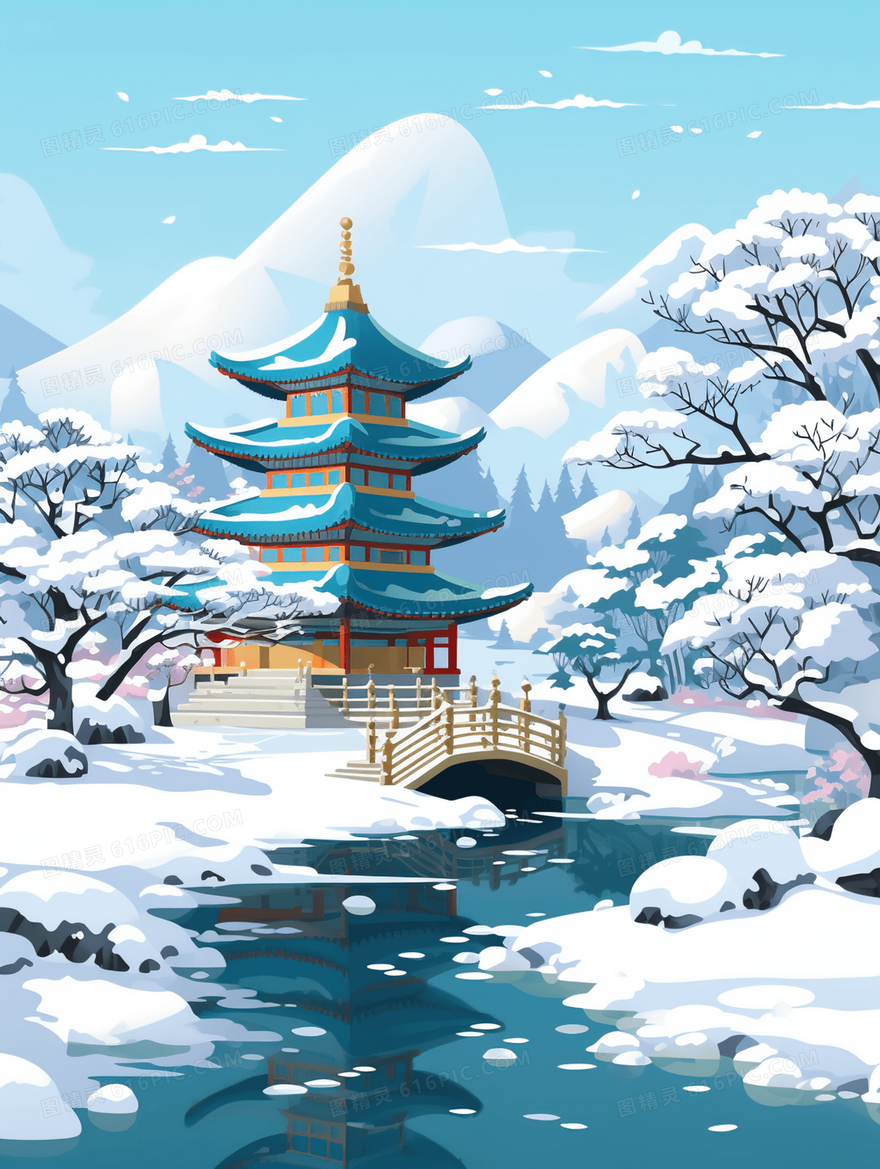 唯美中国风亭台楼阁大雪节气风景图片