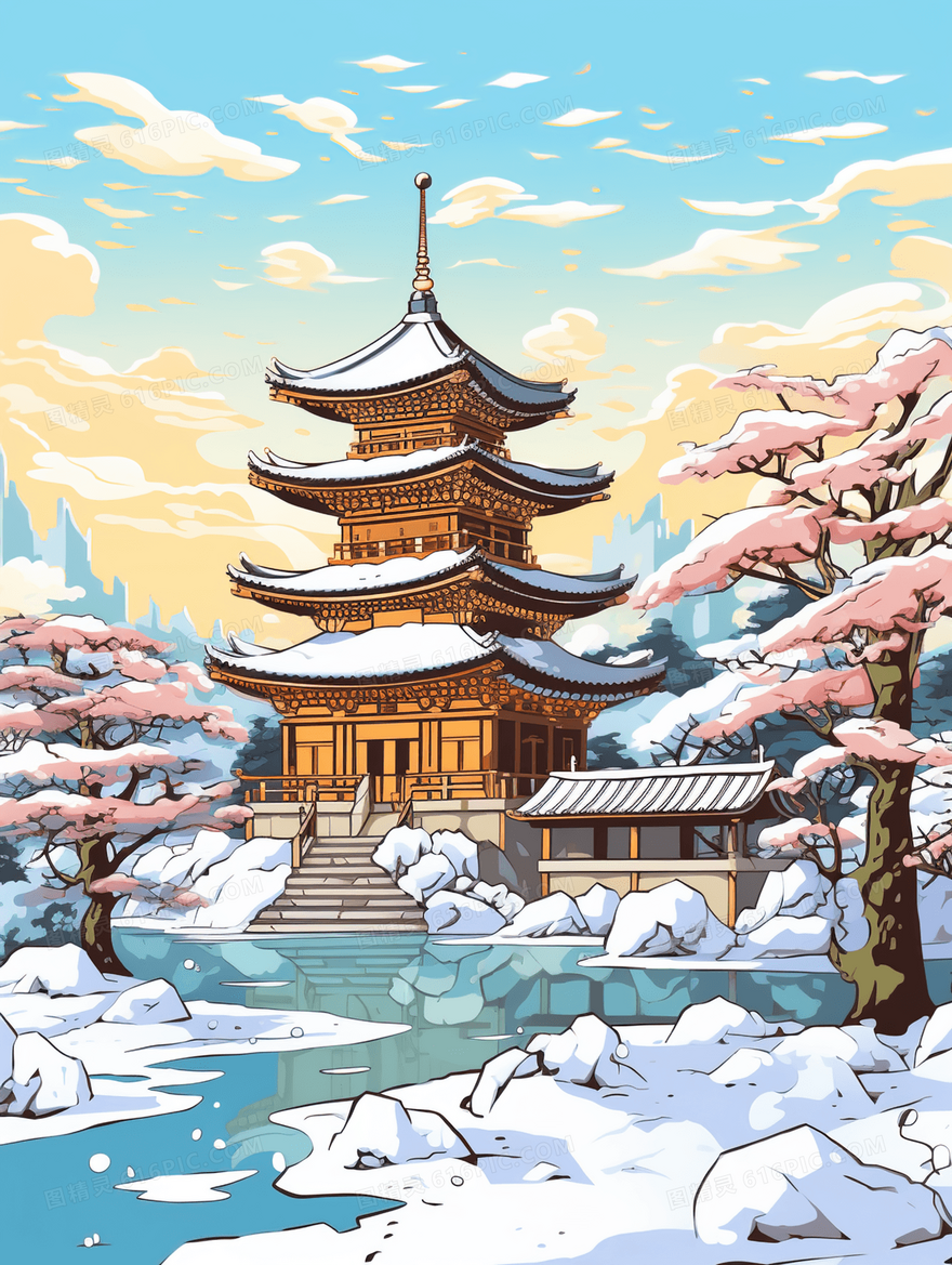 唯美中国风亭台楼阁大雪节气风景图片