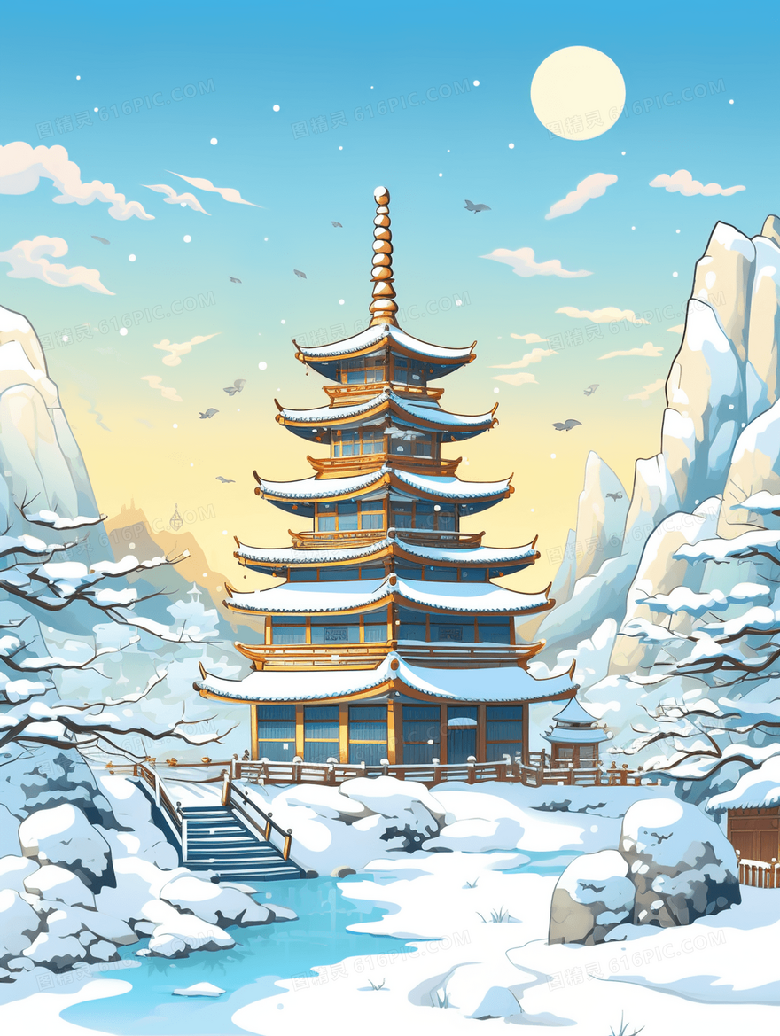 唯美中国风亭台楼阁大雪节气风景图片