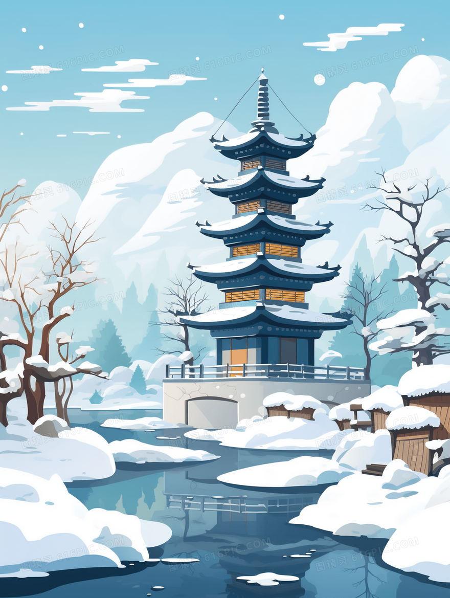 唯美中国风亭台楼阁大雪节气风景图片