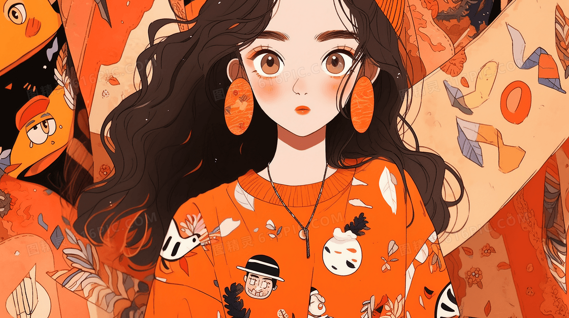 青春时尚橙色衣服女孩多巴胺风格人物插画