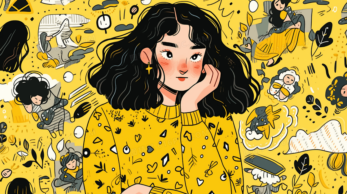 卡通时尚黄色衣服的女孩多巴胺风格人物插画