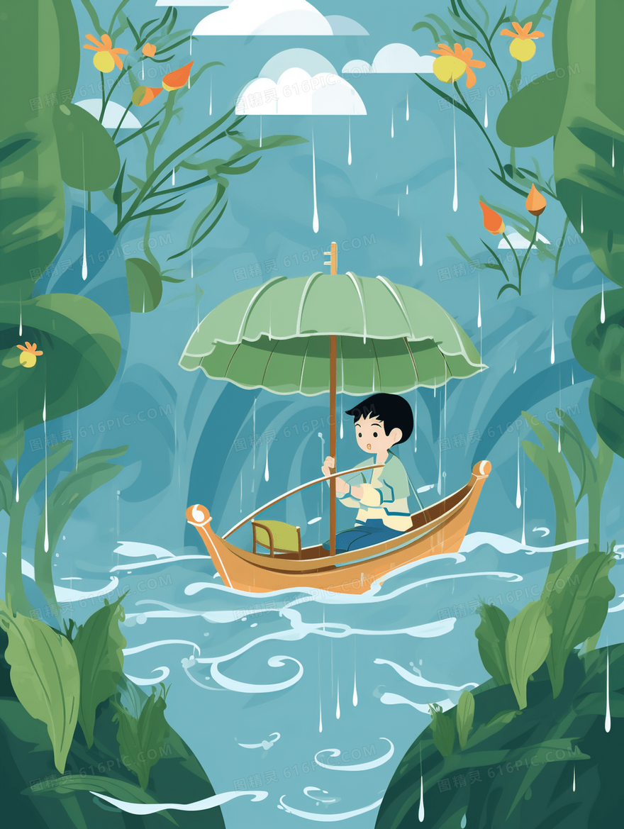 唯美雨中划船的少年谷雨节气卡通插画