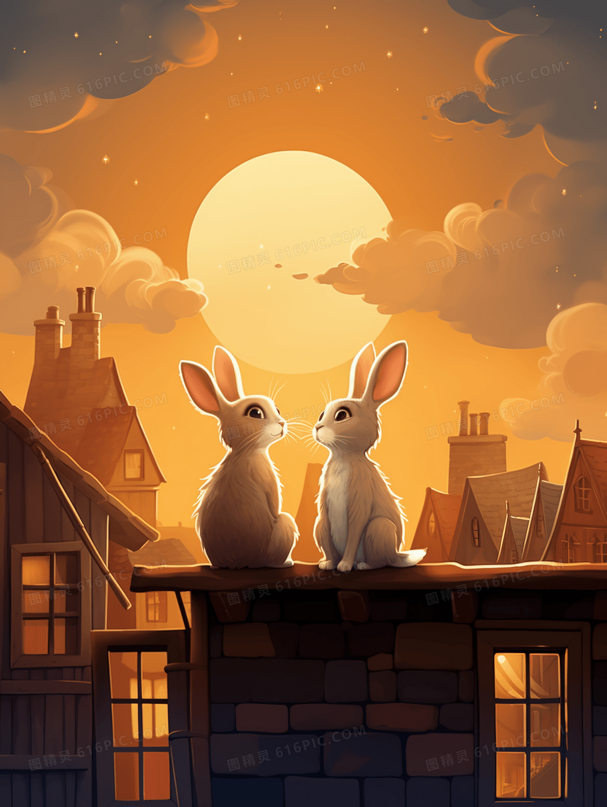 唯美月下可爱白色兔子中秋节节日插画