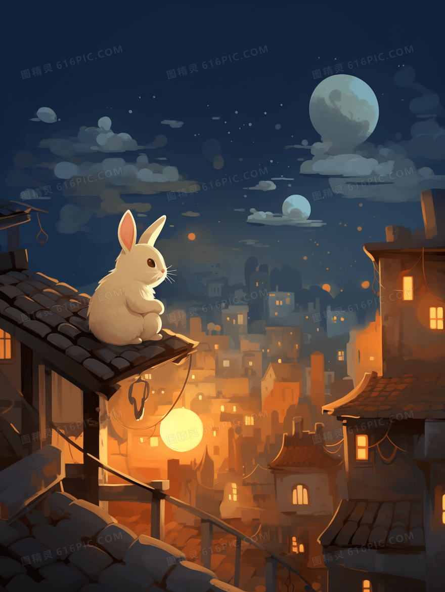 唯美月下可爱白色兔子中秋节节日插画