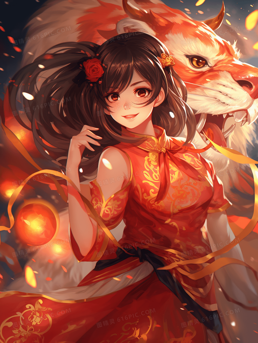 国潮风红衣女孩卡通动漫人物插画