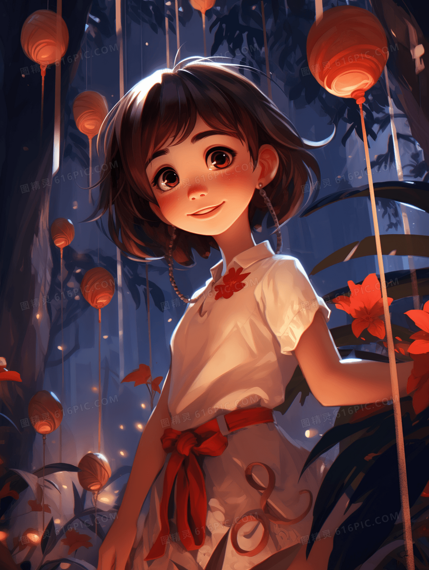 国潮风红衣女孩卡通动漫人物插画