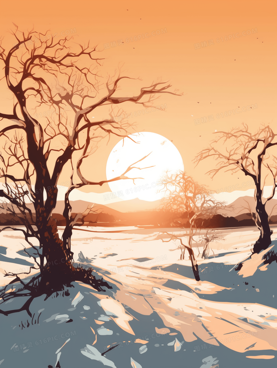 冬日落日的枯藤老树小雪节气风景插画