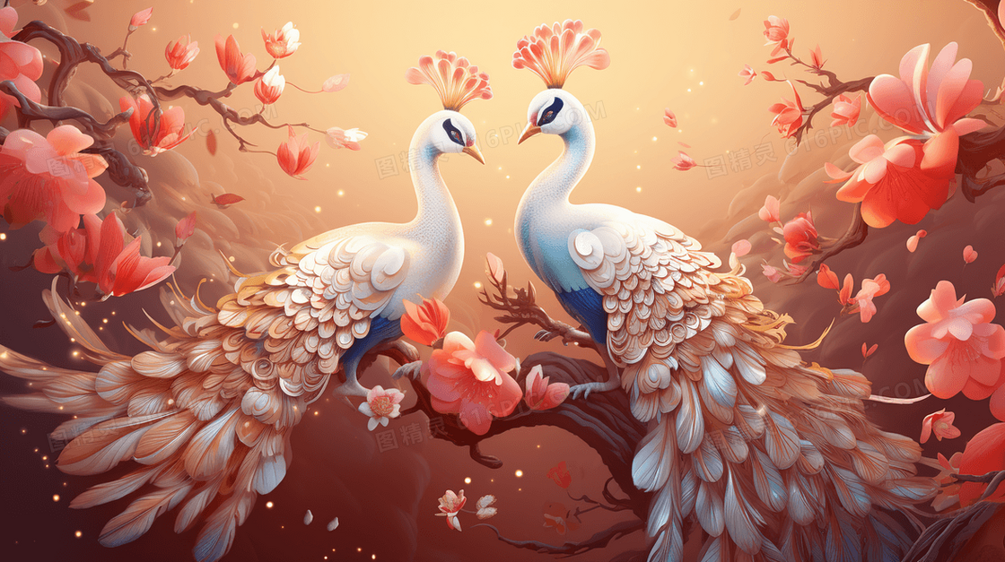 彩色唯美浪漫枝头凤凰卡通插画