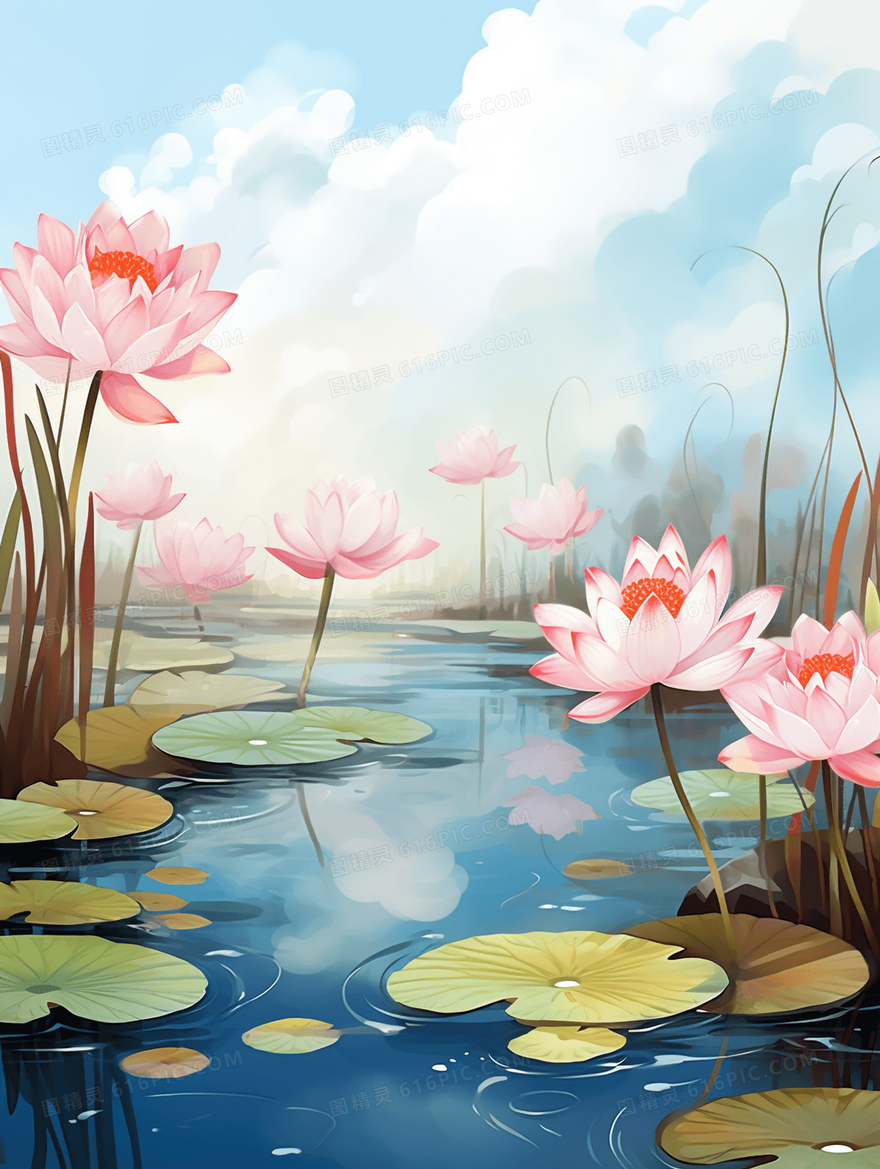粉色唯美荷花夏至节气风景插画