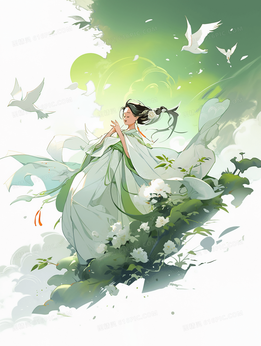 绿色唯美花丛中的卡通长裙少女人物插画