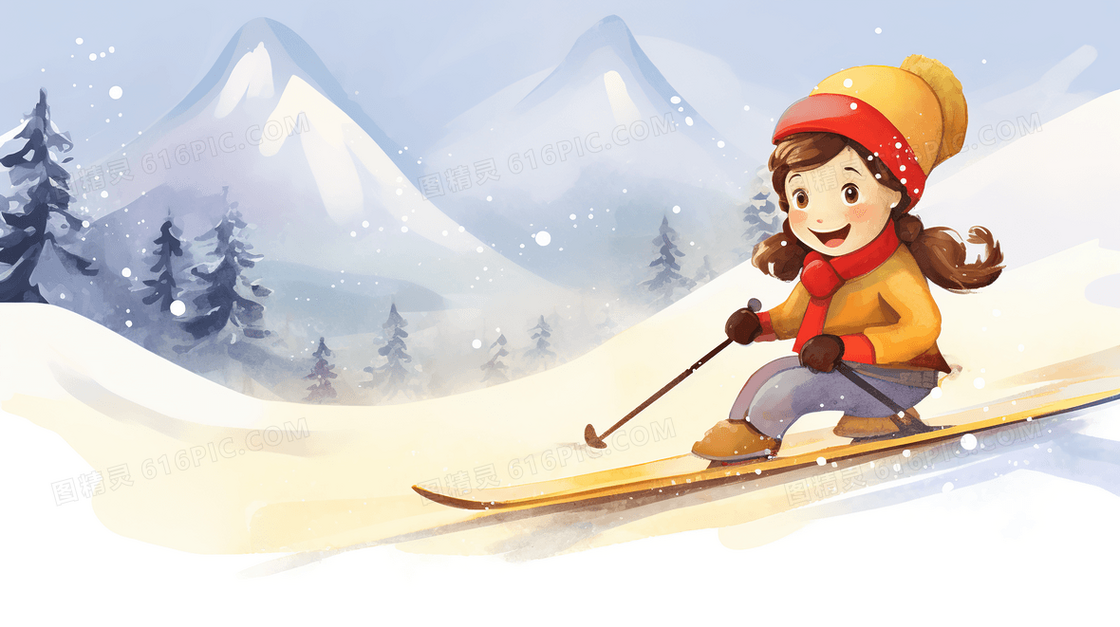 白色唯美滑雪的卡通女孩人物插画