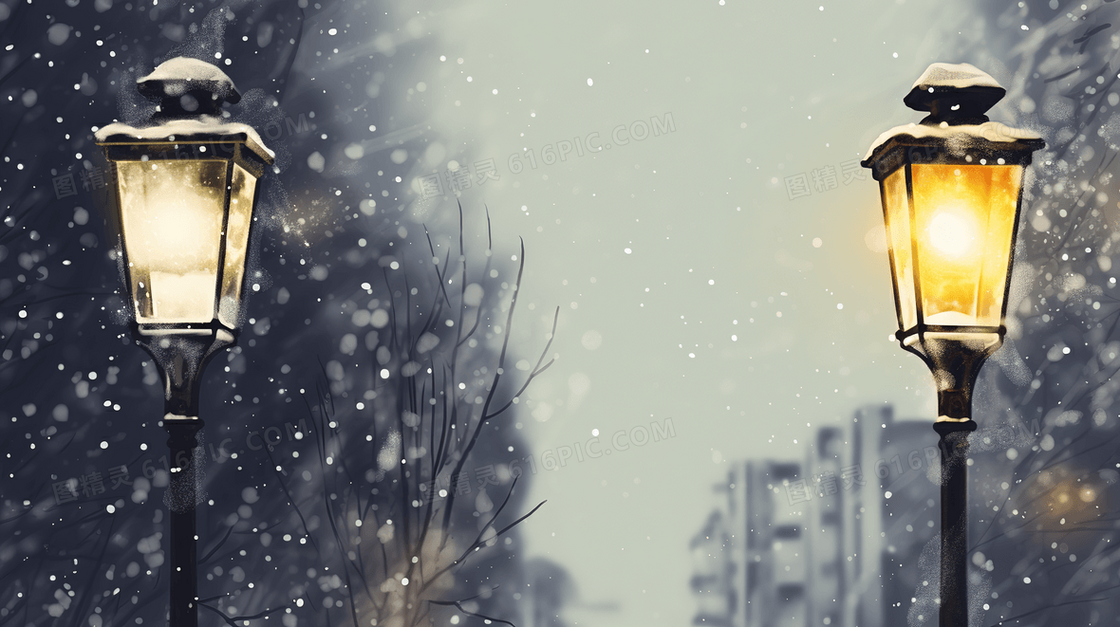 雪中唯美路灯风景图片