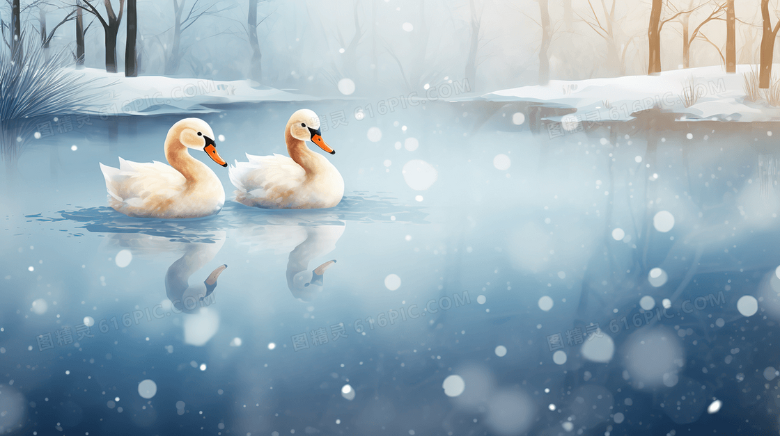 雪上唯美小黄鸭伴侣插画