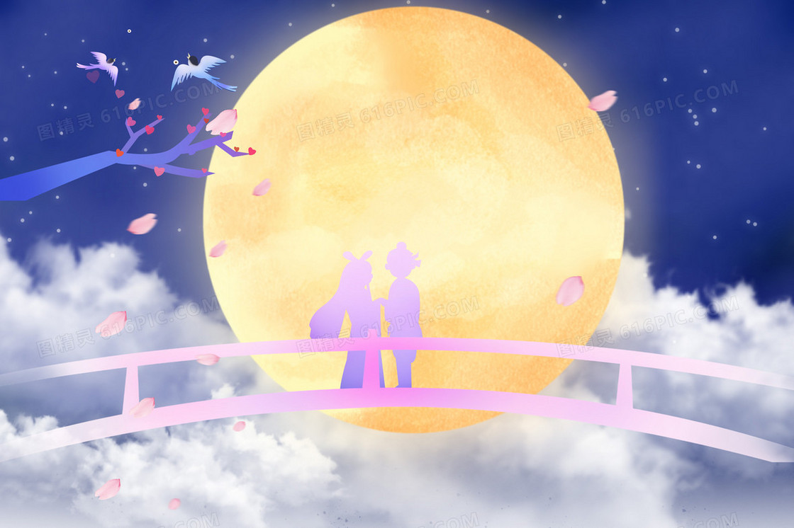 七夕节牛郎织女月下浪漫约会插画