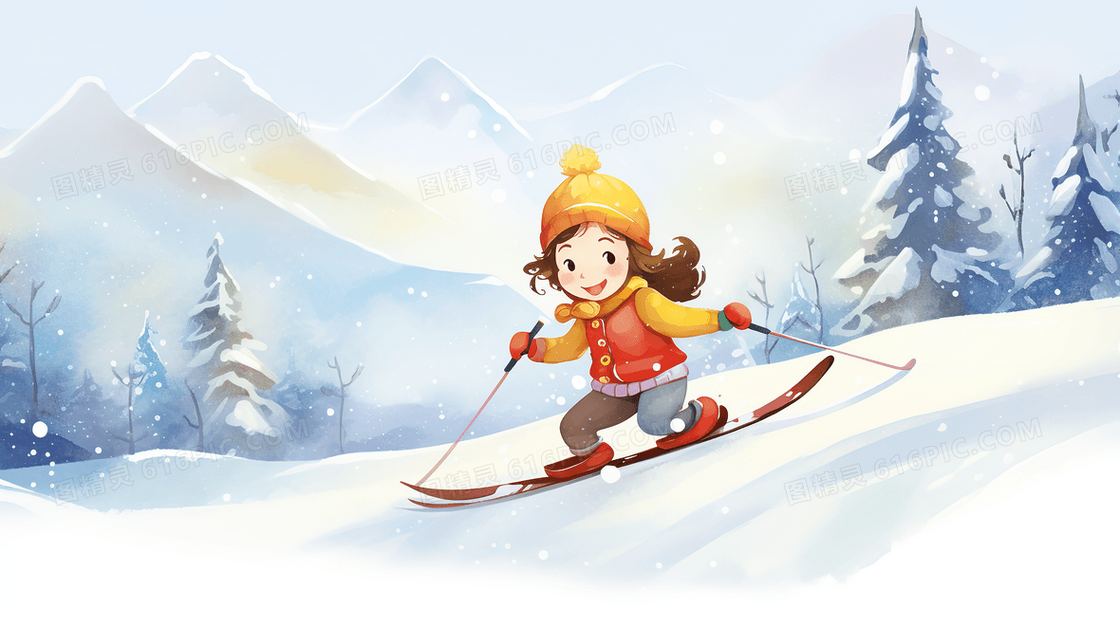 白色唯美滑雪的卡通女孩人物插画