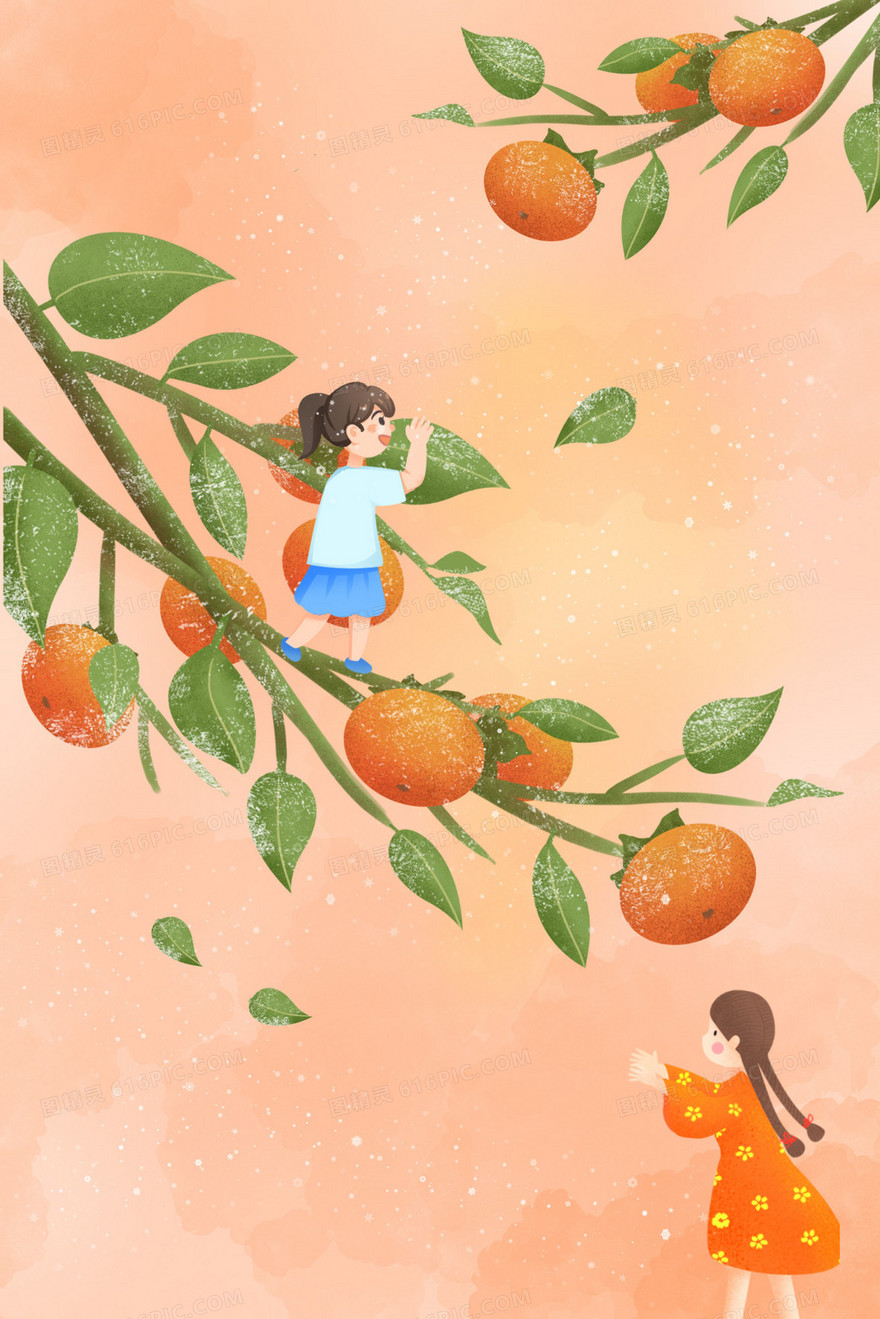 秋天女孩们坐在柿子树摘柿子上插画