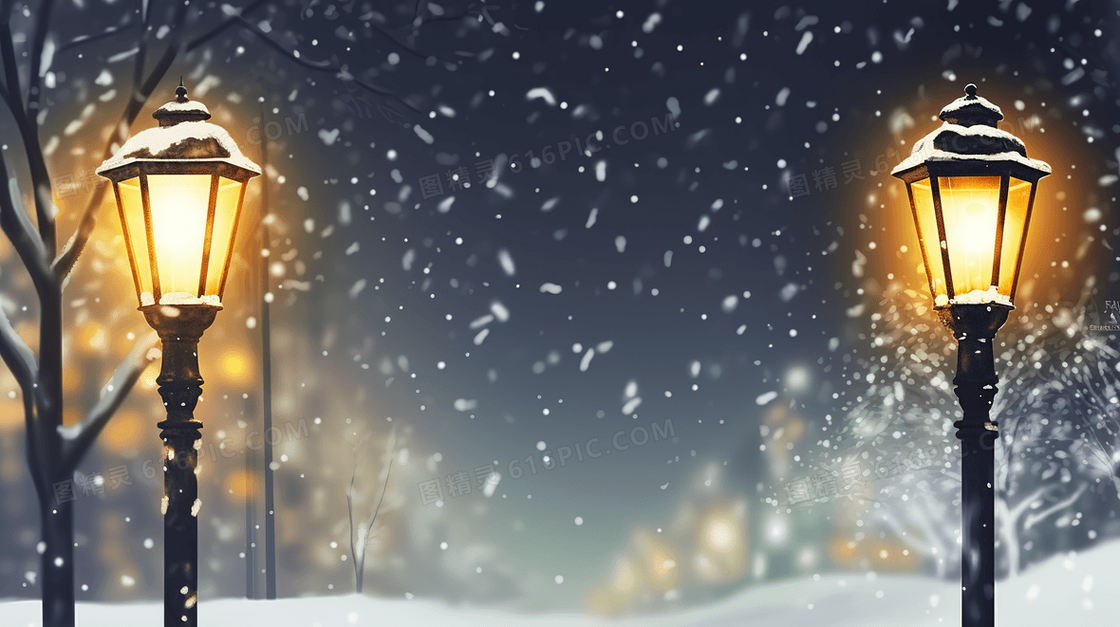 雪中唯美路灯风景图片