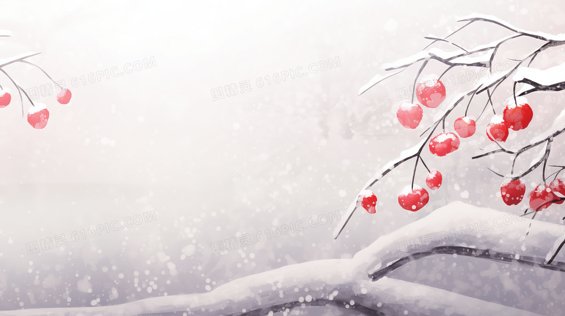 唯美雪中红色苹果树插画