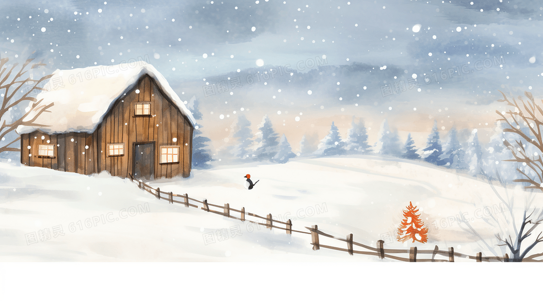 雪中唯美小屋大雪节气插画