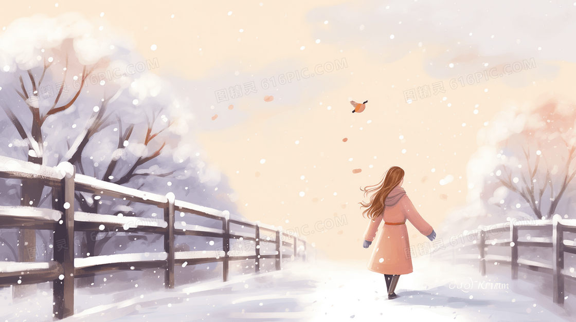 行走在雪中的女人风景插画