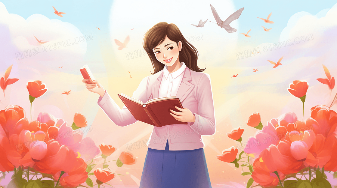 花丛中的女教师教师节插画
