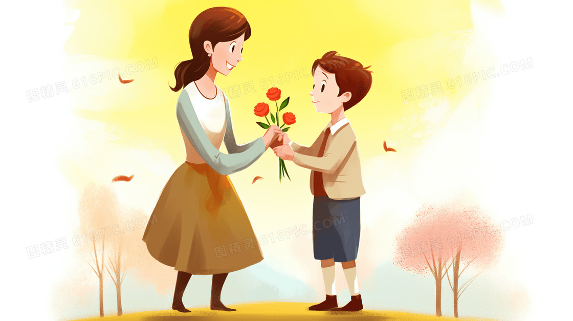 送鲜花给老师的少年教师节插画