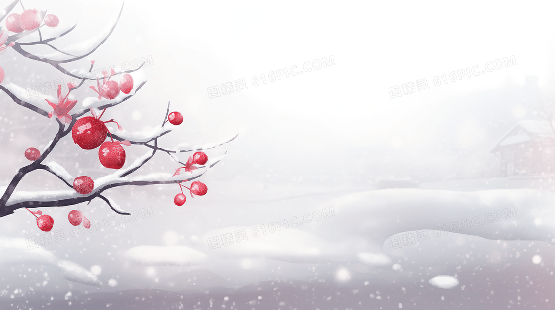 唯美雪中红色苹果树插画