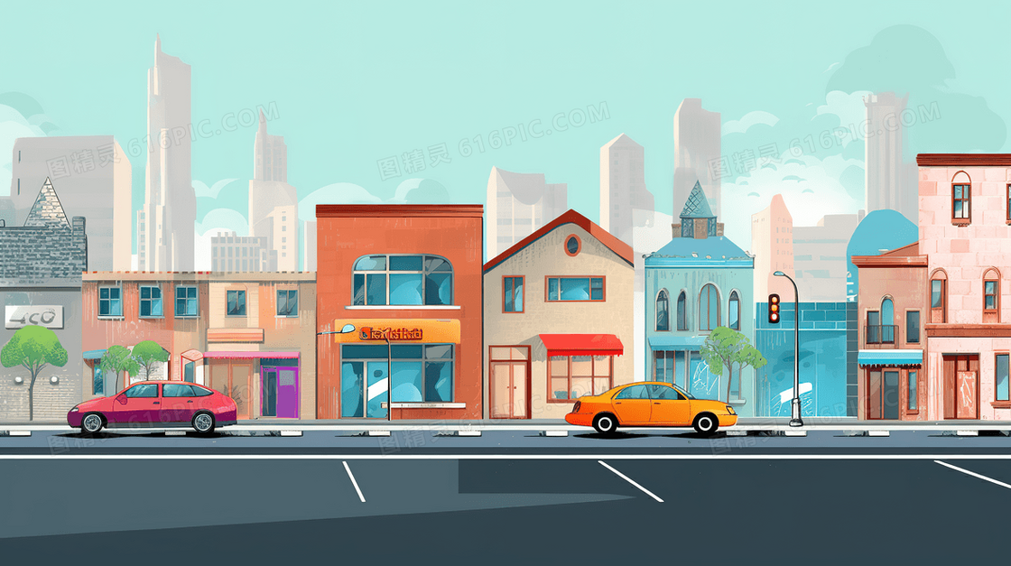 彩色城市建筑街景插画