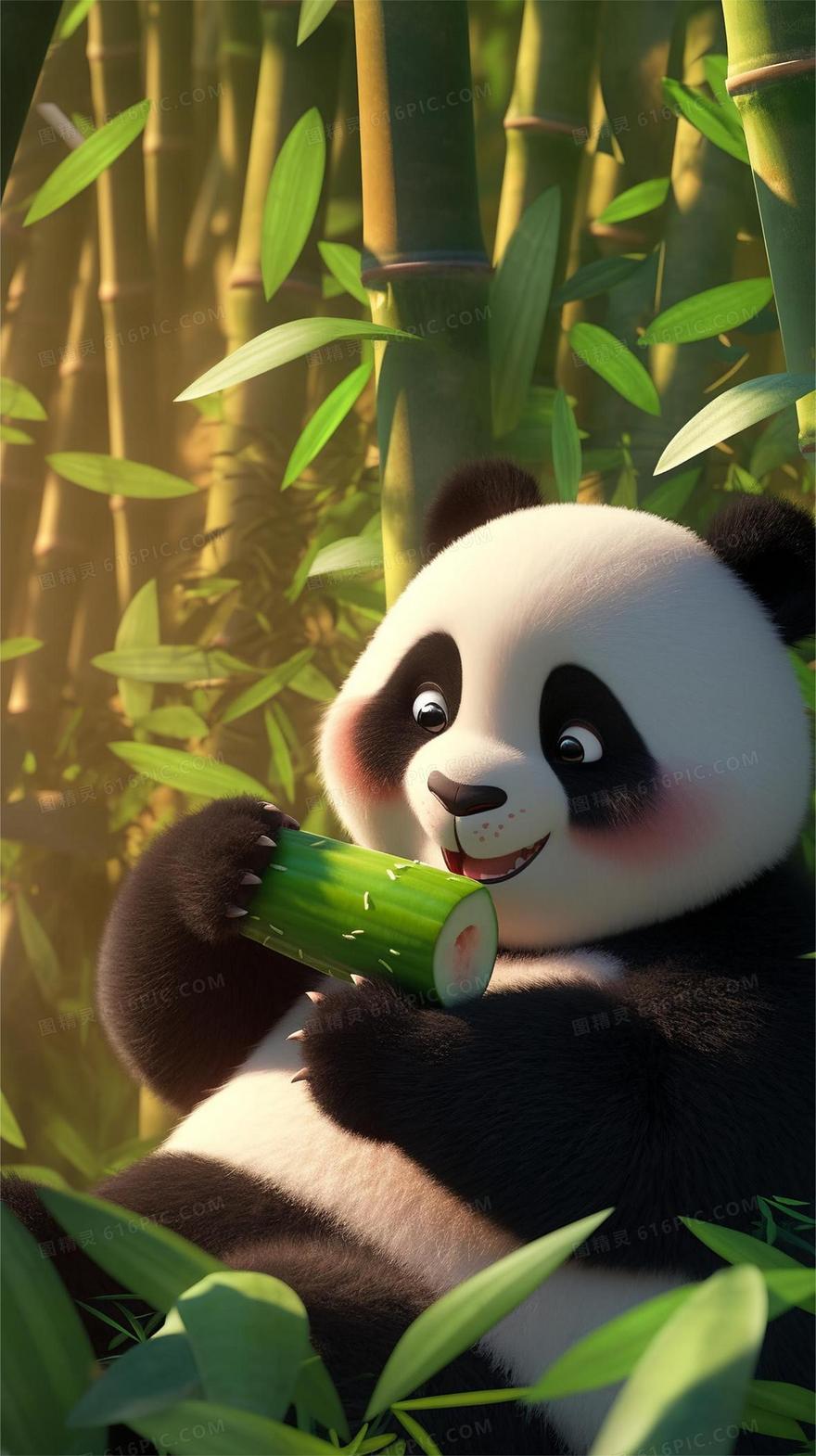 清新竹林里一只胖嘟嘟的熊猫在吃竹子 