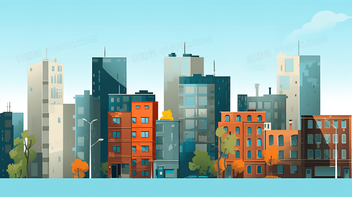 城市彩色的高楼大厦建筑插画