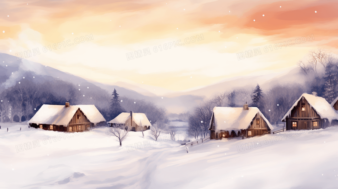 唯美雪中房屋风景插画