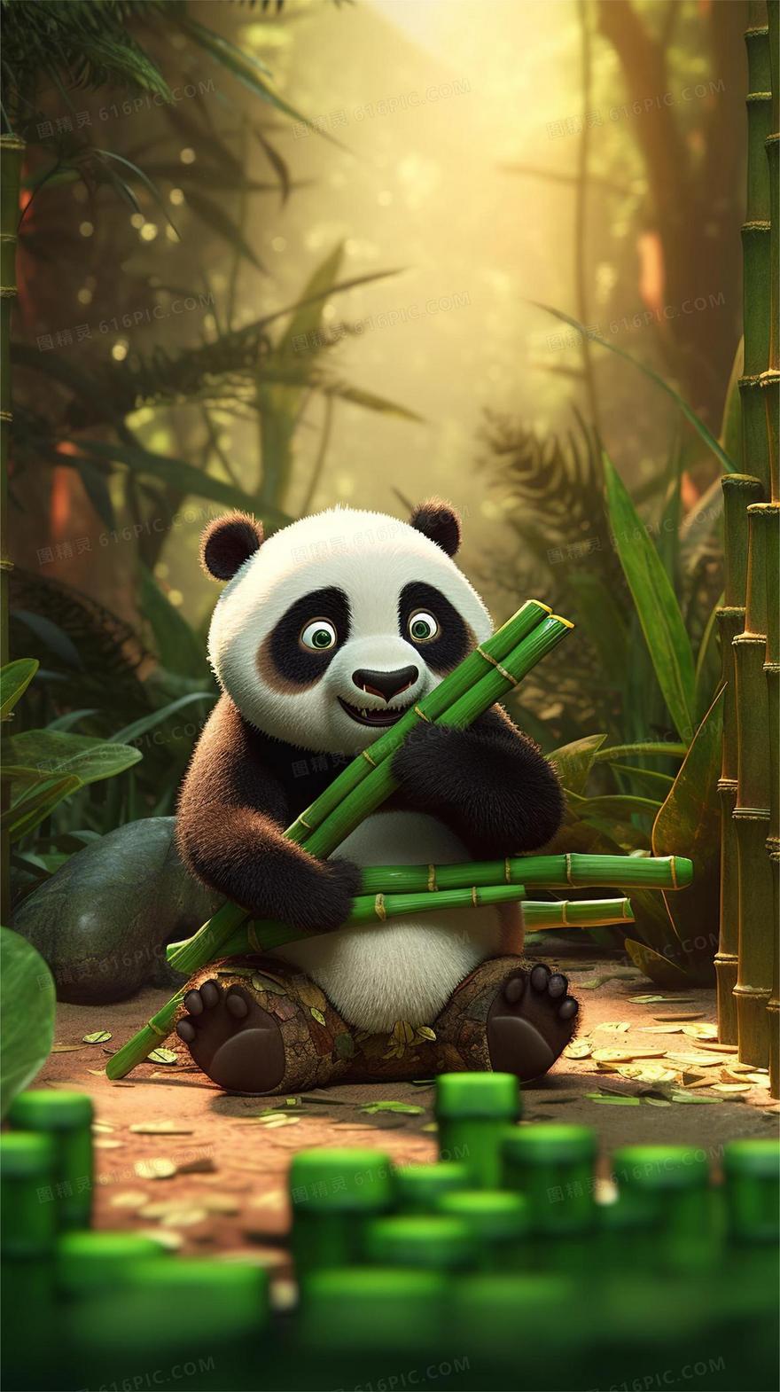 清新竹林里一只可爱的熊猫在吃竹子 