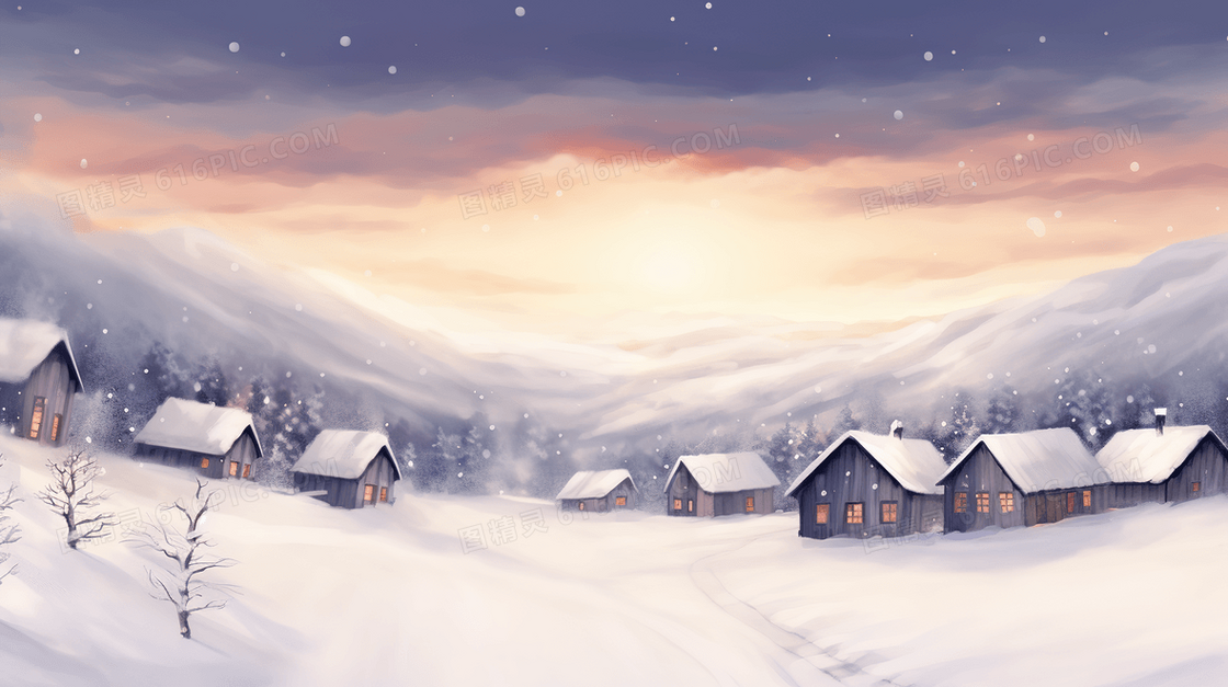 唯美雪中房屋风景插画