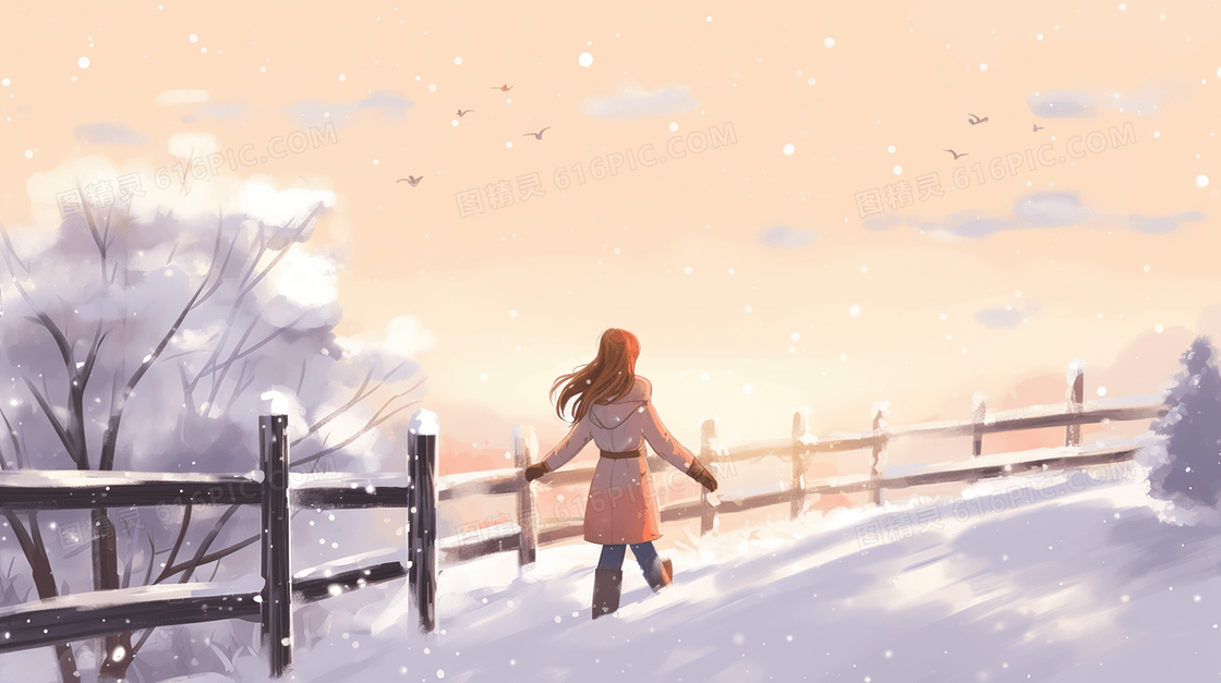 行走在雪中的女人风景插画