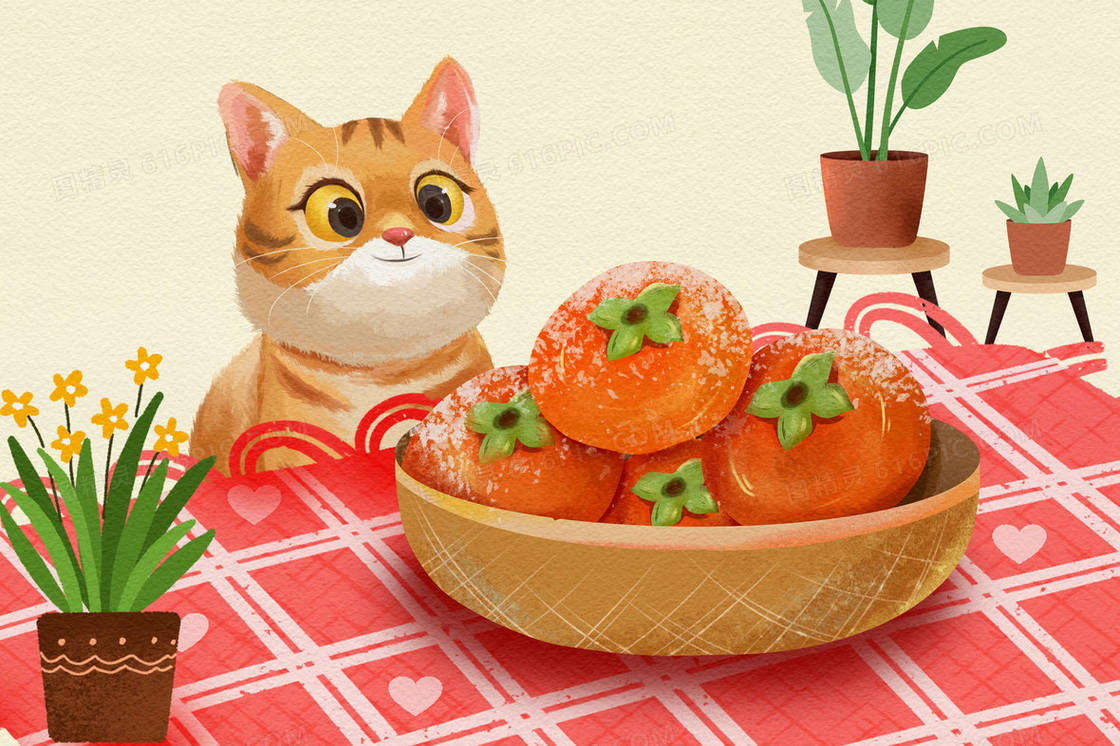 秋天猫咪吃柿子可爱创意插画