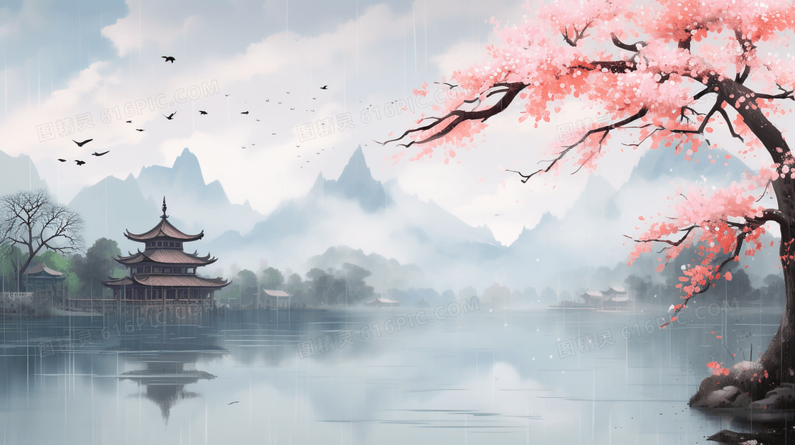 中国风自然山水建筑风景插画
