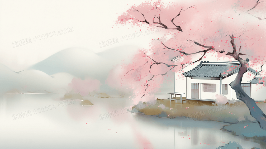 自然山水建筑风景中国风插画