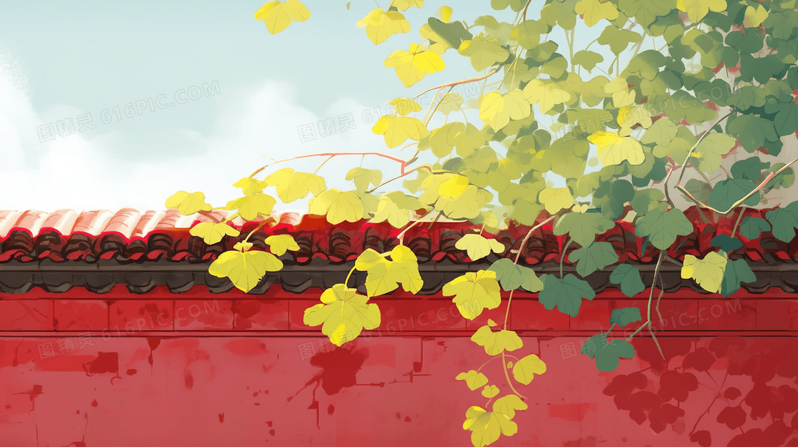 爬到红墙上的绿色植物特写插画