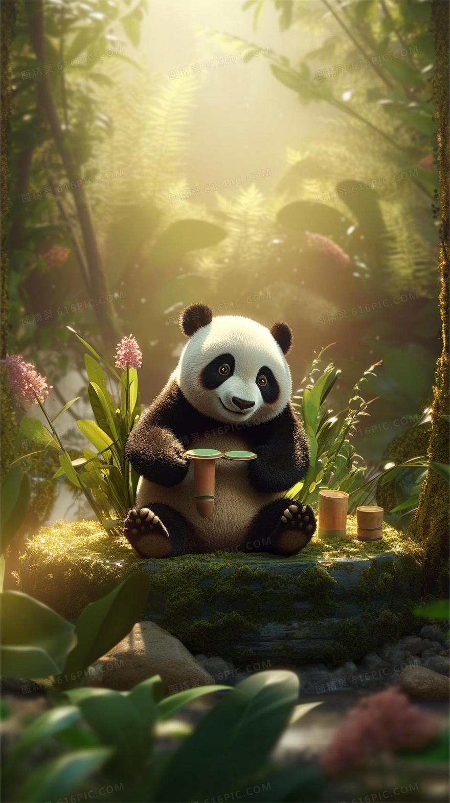 清新竹林里一只可爱的熊猫在吃竹子 