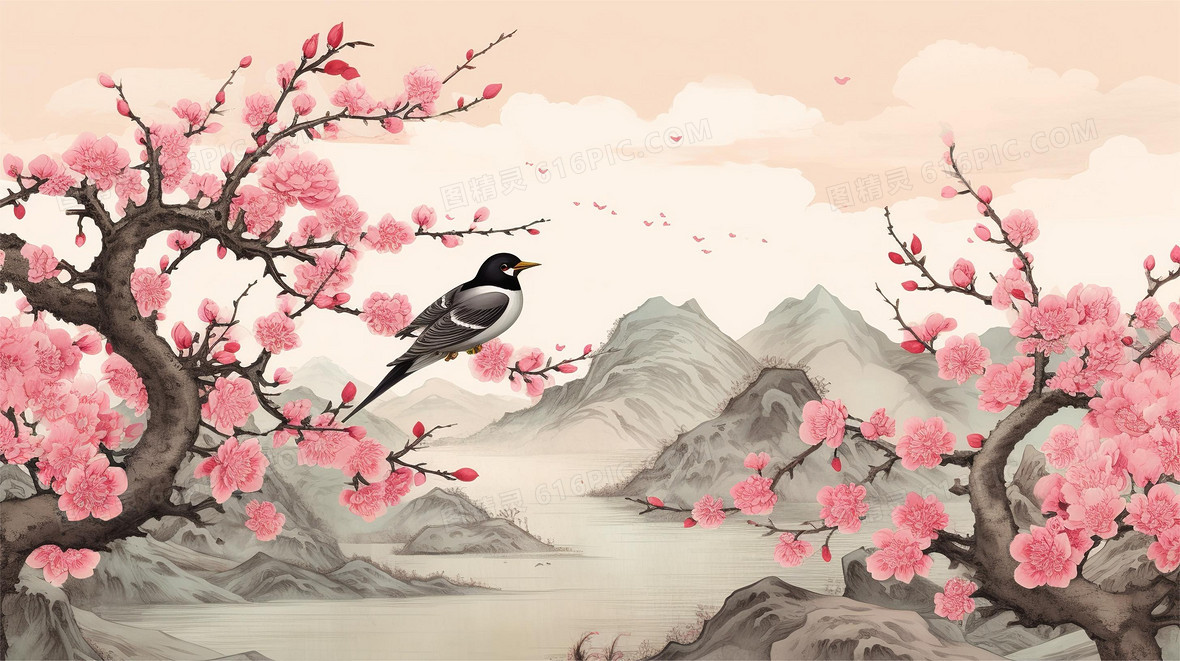 中国水墨画飞在樱花丛中的喜鹊背景图片下载_2912x1632像素JPG格式_编号