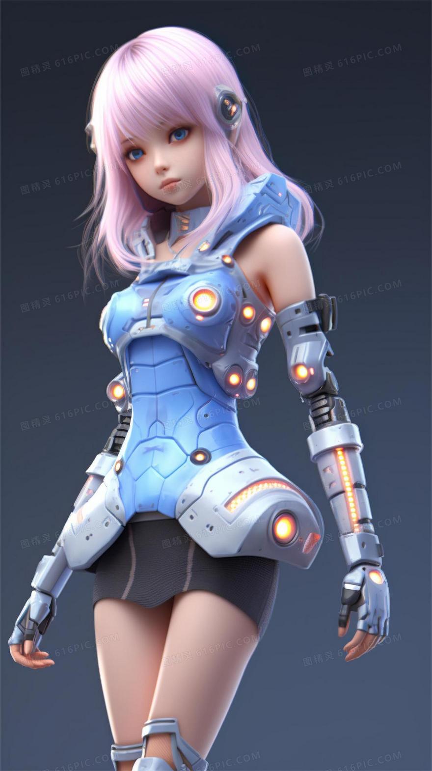 漫画风可爱的粉色头发机甲女战士3D模型