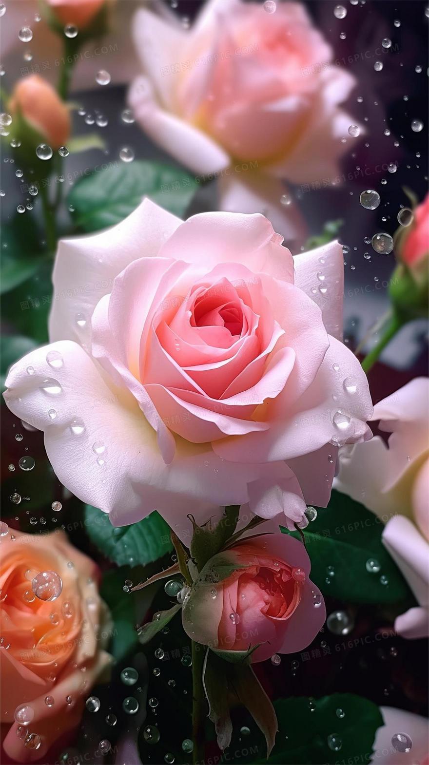沾着水珠的粉色玫瑰花