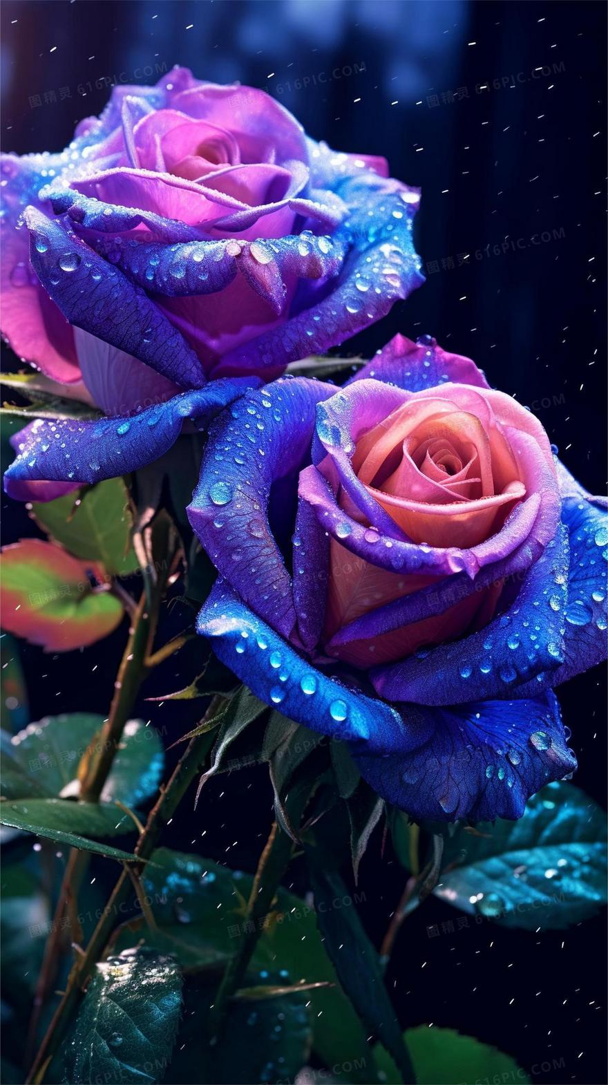 沾着水珠的紫色玫瑰花