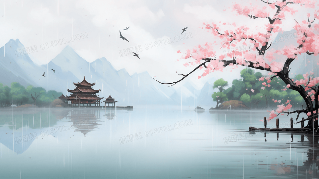 中国风自然山水建筑风景插画