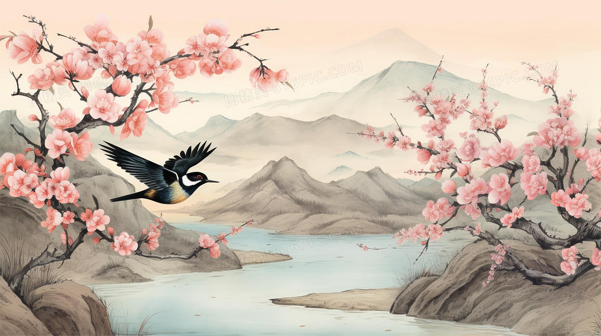 中国水墨画飞在樱花丛中的喜鹊背景图片下载_2912x1632像素JPG格式_编号