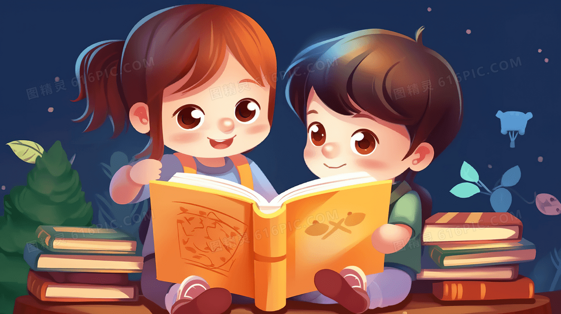 阅读书籍的儿童插画