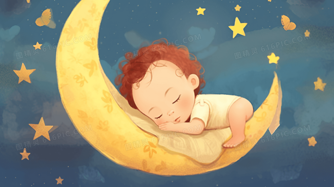 趴在月亮上睡觉的小宝宝插画