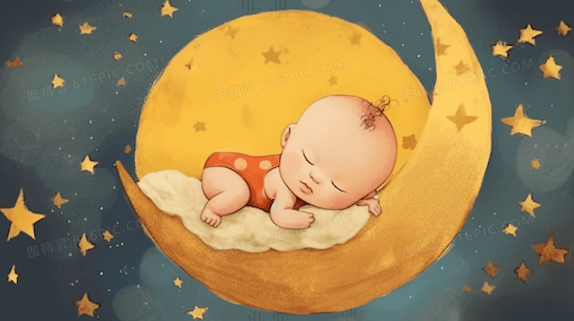 趴在月亮上睡觉的小宝宝插画