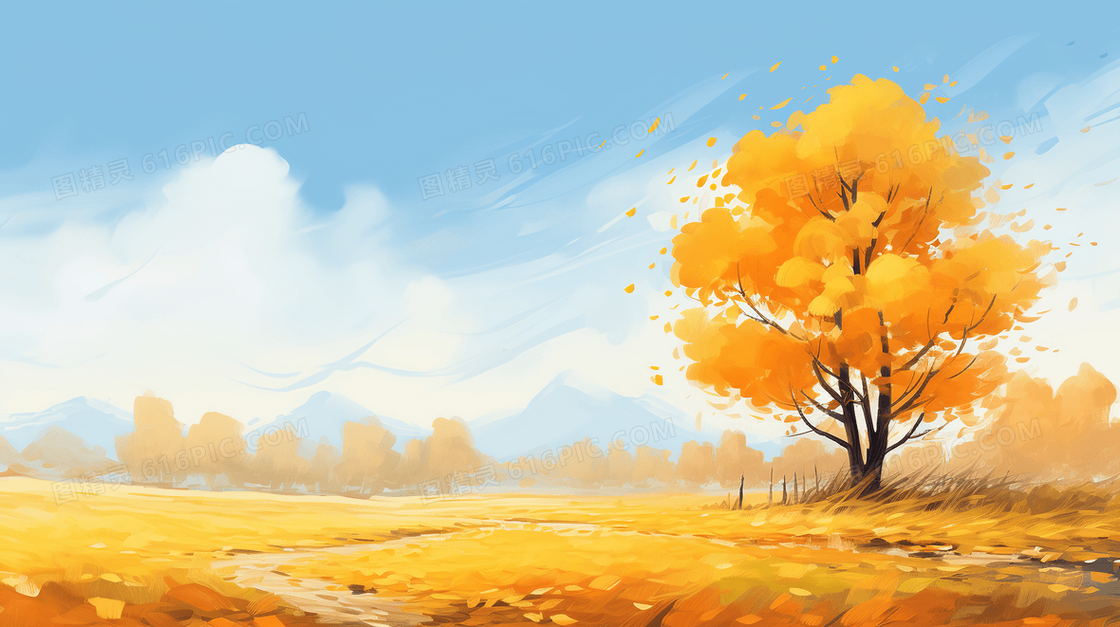 秋天唯美风景氛围感插画